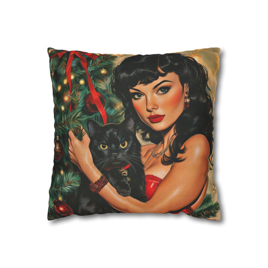 Vintage Pin-Up Holiday Pillow Cover: Black Cat & Festive Vibes (14x14)