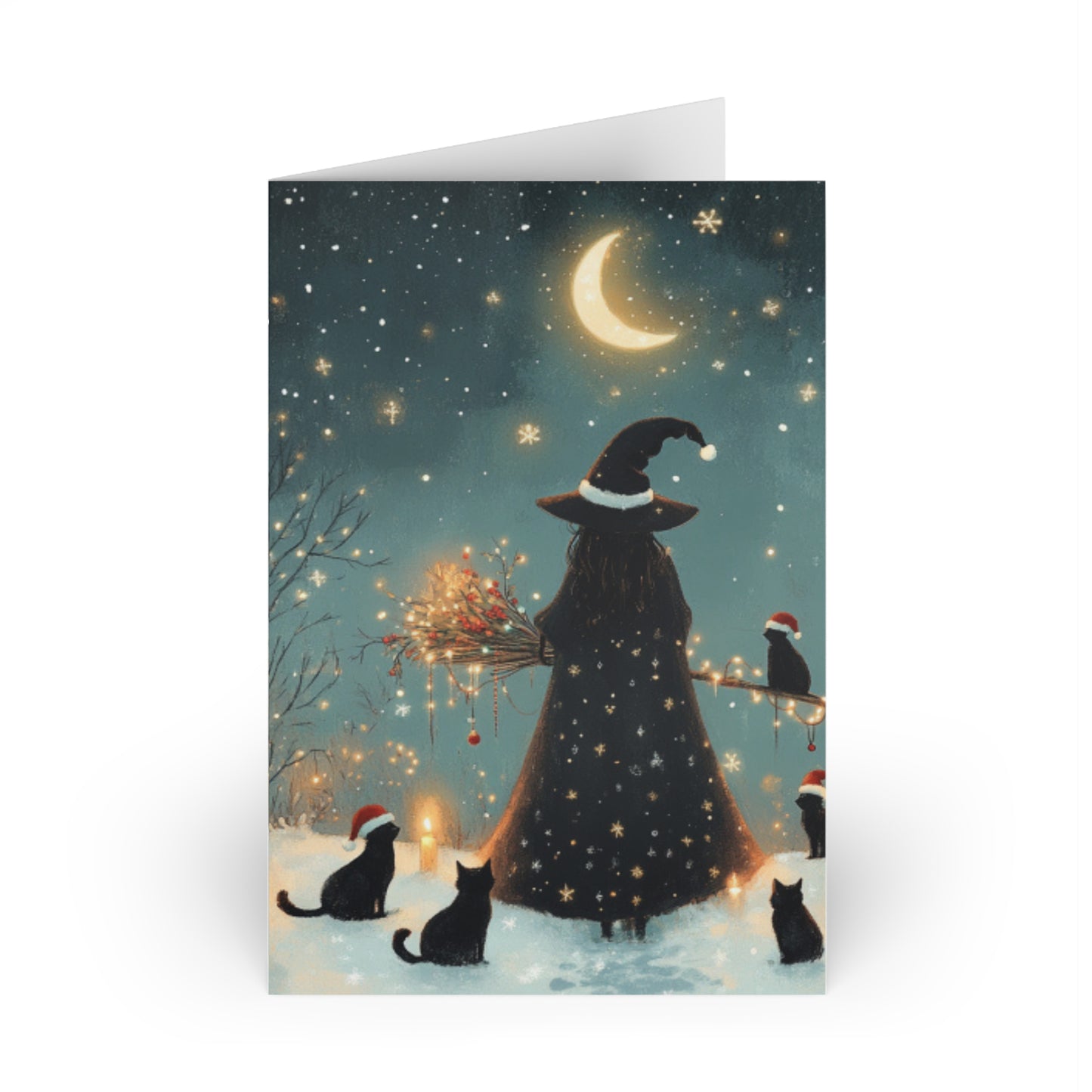 Witchy Christmas Card – Black Cats and Moonlit Magic Holiday Greeting Card for Witchmas